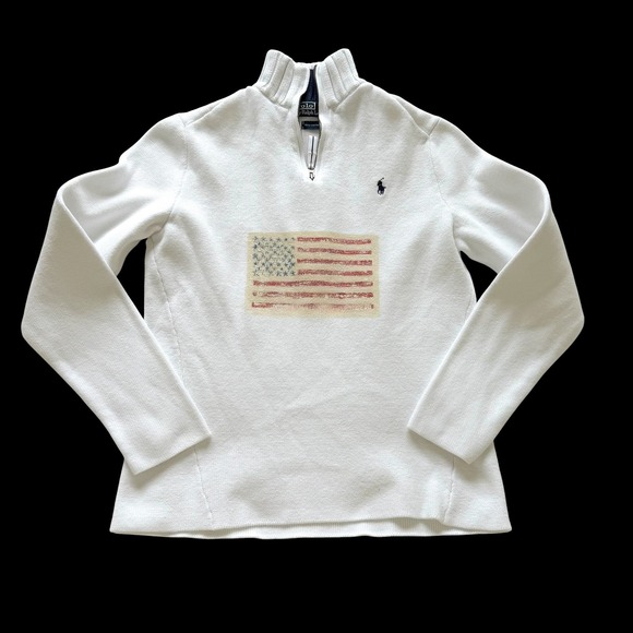 Polo Ralph Lauren Sweaters - 90's Polo Ralph Lauren White Cotton Quarter Zip Custom American Flag Sweater M